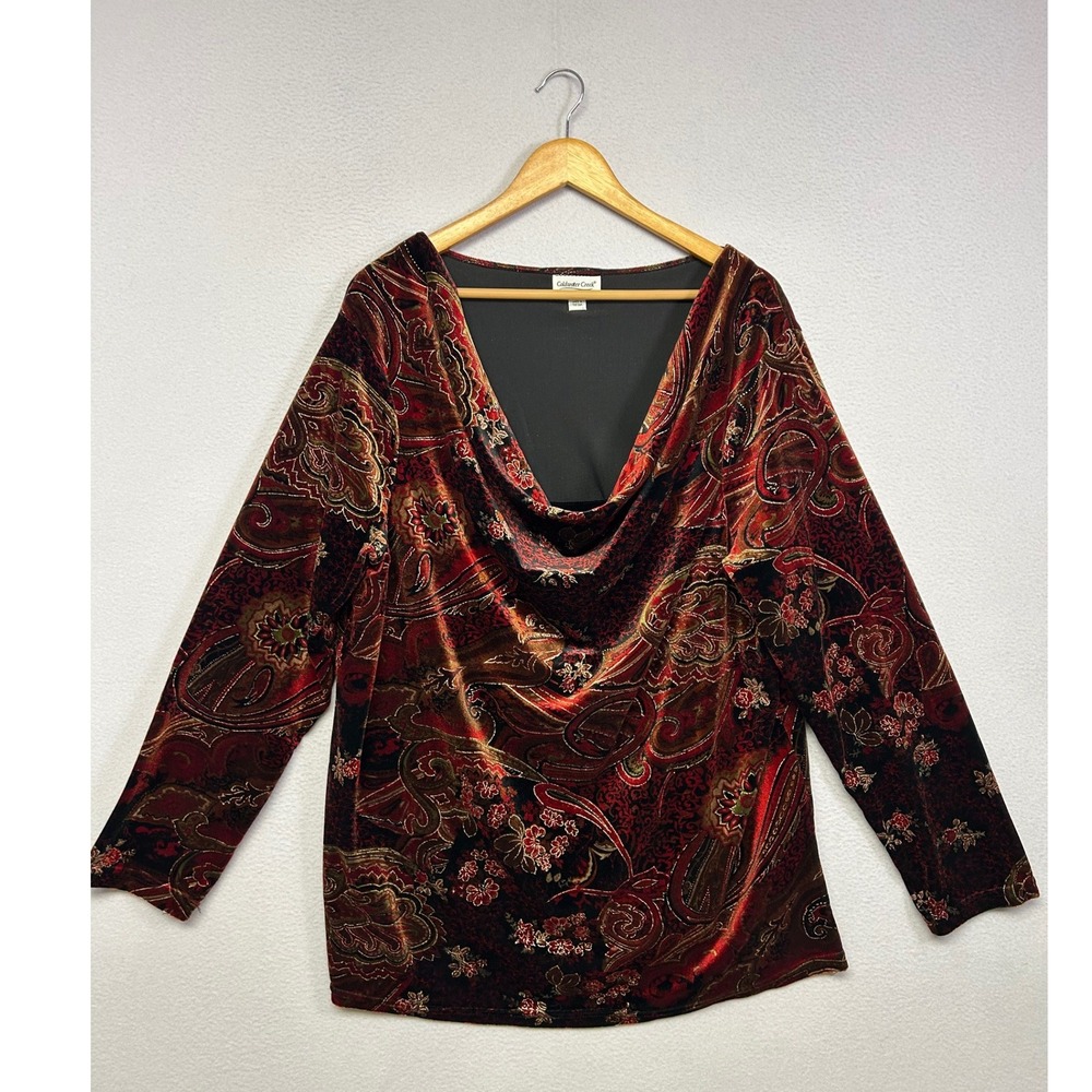 Boho Whimsigoth Coldwater Creek Womens 2X Red Paisley Velvet Drape Neck Top
